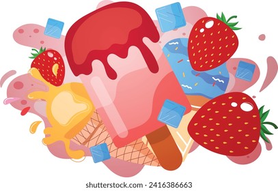 Bright colorful popsicles with dripping toppings and strawberries. Summer dessert with ice cubes and fruit, sweet treat concept. Delicious frozen snacks and indulgence vector illustration.