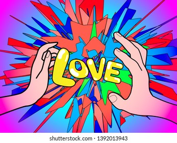 bright colorful postcard with the inscription love in pop art style