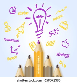 Bright colorful poster business idea with pencils and drawings for infographics. Vector illustration in a minimalistic style on a light background