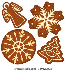 Bright colorful poster with christmas ginger bread tree, angel, snowflake. New year sweet food flat vector illustration for sticker, badge, sign, stamp, banner, icon, gift card, certificate or banner.
