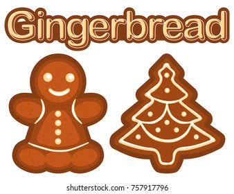 Bright colorful poster with ginger bread cookie woman and christmas tree. New year flat vector illustration for sticker, badge, sign, stamp, logo, banner, icon, label, gift card, certificate or banner