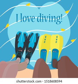 Bright colorful poster with the inscription: I love diving! Male and female legs in flippers are immersed in water, where fish swim. Advertising concept scuba diving. International diver's day. Vector