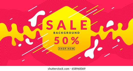 Bright colorful poster Sale 50 percent with dynamic waves and splashes. Vector illustration in flat style