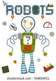 Bright colorful poster with vintage robot isolated on white background. Retro tech flat vector illustration for sticker, badge, sign, stamp, logo, banner, icon, label, gift card, flyer, certificate 