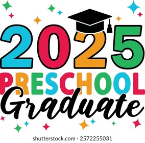 Bright and colorful preschool graduation design for 2025, featuring playful typography and star accents. Perfect for celebrating milestones in early education, kids' events, and preschool achievements