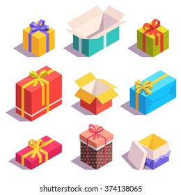 Bright, Colorful Present And Gift Boxes With Ribbon Bows. Flat Isometric Illustration On White Background.