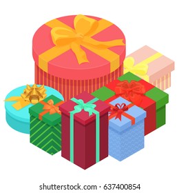 Bright, colorful present and gift boxes with ribbons. Flat isometric vector illustration.