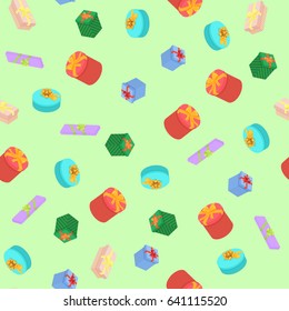 Bright, colorful present and gift boxes seamless pattern with ribbons. Flat isometric vector illustration.