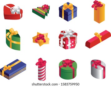 Bright, colorful presents and gift boxes with ribbon bows. Isometric vector illustration on white background. 