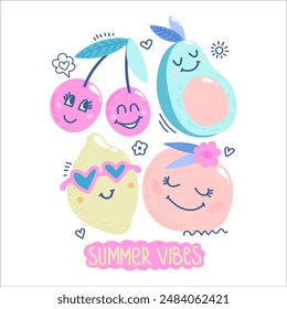 Bright colorful print with cute fruits on white background.  Creative funny  Vector illustration for little baby girl t-shirt design. Smiling face. 