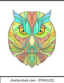 Bright , colorful print with the sketch owl . Adult coloring . owls head for printing on textiles . Isolated owl for design of printed materials . Abstract colored bird. Stylish modern owl