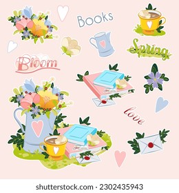 Bright and colorful print, vector illustration of a flowering meadow with herbs. Tea set with flowers. Books, an envelope with a letter, a picnic. A set  on a pastel pink background.