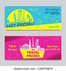 Bright and colorful promotion banner with pink and blue color for Europe travel,silhouette art design,vector illustration