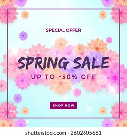 Bright and colorful promotional banner for a spring sale, showcasing vibrant blossoms and an attractive discount of up to 50 percent off. Perfect for seasonal marketing and retail campaigns.