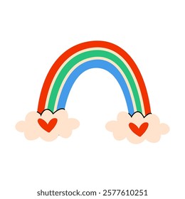 A Bright and Colorful Rainbow Accompanied by Cheerful Hearts and Fluffy Clouds Above