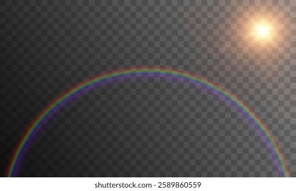 A bright, colorful rainbow arched against a transparent background, accompanied by a shining sun. This cheerful image is ideal for designs related to nature, happiness, and positivity.
