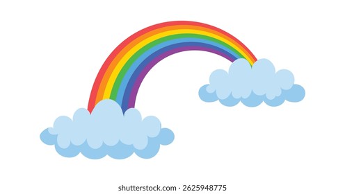 Bright, colorful rainbow arching over two fluffy clouds against a clean white background, creating a cheerful and whimsical atmosphere suitable for various design projects