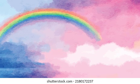 Bright colorful rainbow in cloudy sky on sun rise time. Abstract concept background of the sky. Cloud creative colorful wallpapers. Watercolor style. Vector illustration. Clipart