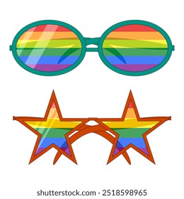 Óculos de sol brilhantes e coloridos com tema de arco-íris em formas de estrelas e redondas, perfeitos para o orgulho LGBT e celebrações da diversidade.