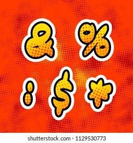 Bright colorful retro comics font with halftone pattern, vintage special characters on red background