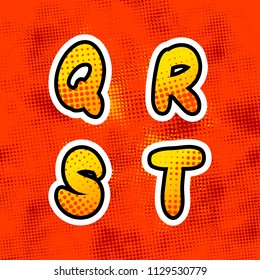 Bright colorful retro comics font with halftone pattern, vintage Q R S T latin letters on red background