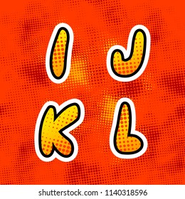 Bright colorful retro comics font with halftone pattern, vintage I J K L latin letters on red background