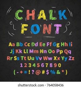Bright colorful retro hand drawn alphabet letters drawing with chalk on black chalkboard