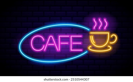 Helles und buntes Retro-Neon-Schild, das das Word-Café mit einer glänzenden Kaffeetasse auf einer dunklen Ziegelwand zeigt