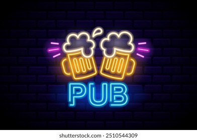 Bright And Colorful Retro Neon Sign Depicting Two Beer Mugs With Foam And The Word Pub Set Against A Dark Brick Wall