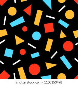 Diseño de estilo retro luminoso y colorido a partir de formas geométricas simples. Sobre fondo negro.