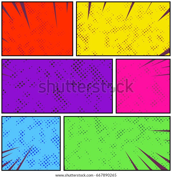 Bright colorful retro style pop art comic\
page strip. Abstract divided story frames. Vintage retro layout.\
Vector illustration