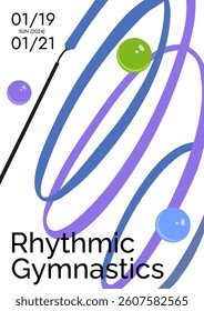 Bright colorful rhythmic gymnastics poster depicting a composition with a swirling, waving ribbon and balls, close up. Trendy vector concept sport design for invitation, flyer or background. 
