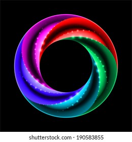 Bright colorful ring with curved layers and sparks on black background