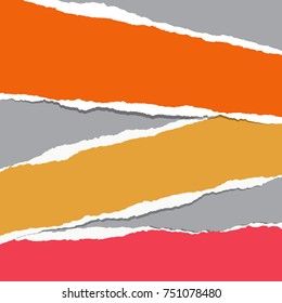 Bright colorful ripped notebook paper strips, note for text stuck on gray background