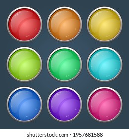 Bright colorful rounded circle glossy buttons set with pressed versions. assets for web or game design, app buttons, icons template, isolated Vector illustration