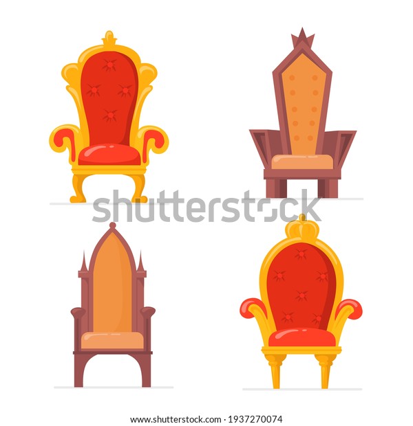 Bright colorful royal armchairs or thrones flat
pictures collection. Cartoon medieval chairs for queen or king
isolated vector illustrations. Antique and medieval furniture
concept