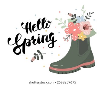 Bright and colorful rubber boot decorated with flowers and the phrase Hello Spring 