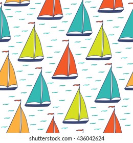 Bright colorful sails on a white background. Vector seamless pattern hand-drawn.