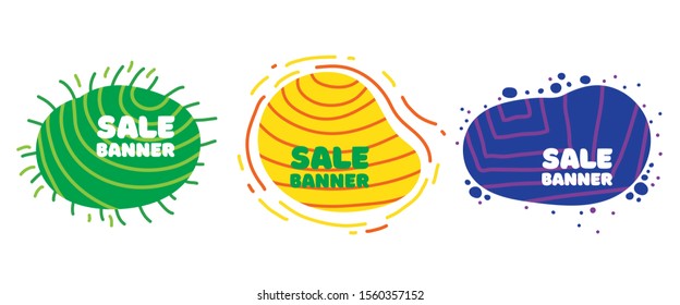 Bright colorful sale banner set. Trendy youth doodle style badges