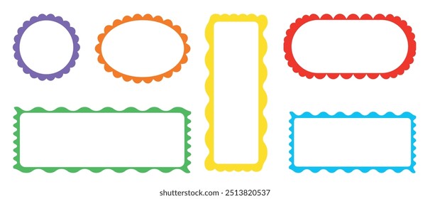 Helle bunte Rahmen mit verschiedenen Formen und Größen auf weißem Hintergrund. Wave Jakobsmuschel niedlichen einfachen Rechteck Rand gesetzt.