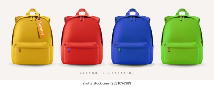 Bolsas de escola coloridas brilhantes. De volta às maquetes da escola. Ilustração em 3d vetorial com mochilas vermelhas, verdes, amarelas e verdes. Design de banner educacional