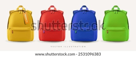 Bright colorful school bags. Back to school mockups. Vector 3d illustration with red, green, yellow and green backpacks. Educational banner design