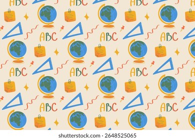 Bright and colorful school themed pattern with globes pencils books rulers and ABC text Designed for children education materials and products