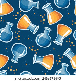 Bright and colorful seamless background with a pattern of beakers and test tubes. Background for fabrics, clothing, wrapping paper, wallpaper.