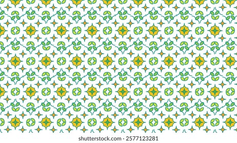 Bright and colorful seamless floral geometric pattern featuring green and yellow accents, ideal for backgrounds, textiles, and design projects.