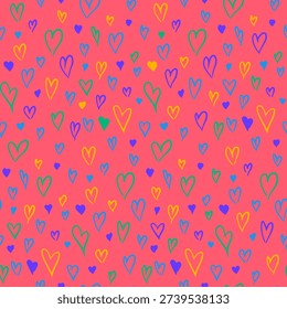 Bright colorful seamless grunge pattern featuring abstract shapes, doodles, scribbles, hearts, and organic textures