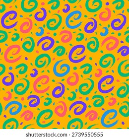 Bright colorful seamless grunge pattern featuring abstract shapes, doodles, scribbles, geometric elements, waves and organic textures