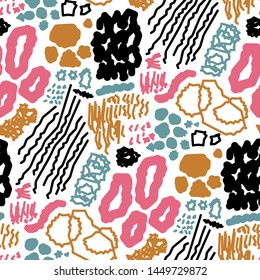 Bright, colorful seamless hand drawn pattern of abstract shapes, squiggles, lines.