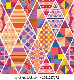 Bright colorful seamless patchwork pattern with ethnic motifs. Vector design.