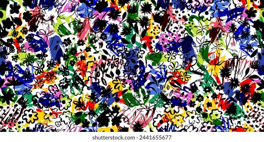 Bright colorful seamless pattern with abstract brush strokes, flowers, leaves, grass. Hand painted grunge, rough style.